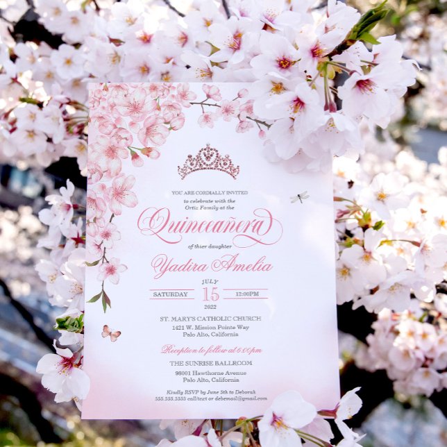Cherry Blossom Rose Gold Tiara Pink Quinceañera Invitation (Creator Uploaded)