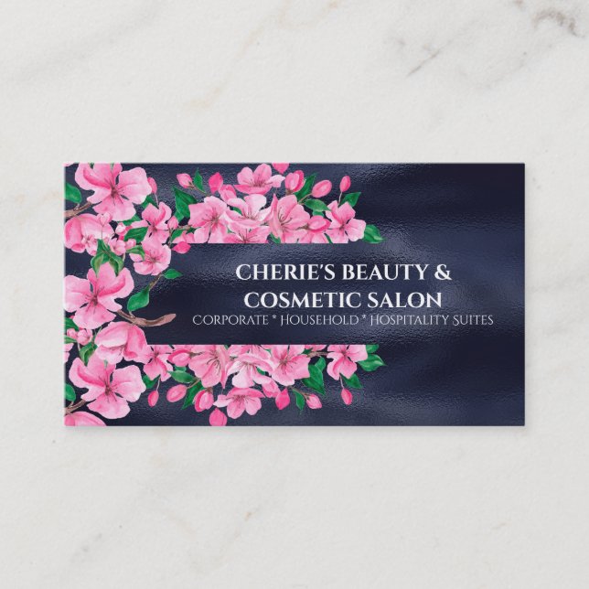 Cherry blossom sakura blue pink chic beauty salon business card (Front)