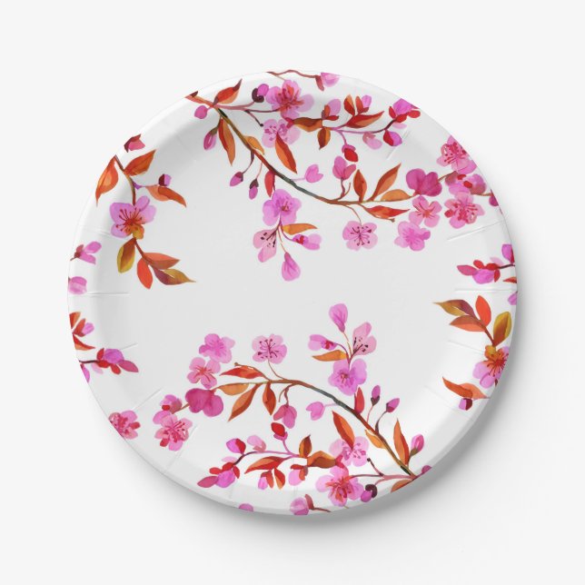 Cherry Blossom Sakura Floral Pink White Paper Plate (Front)