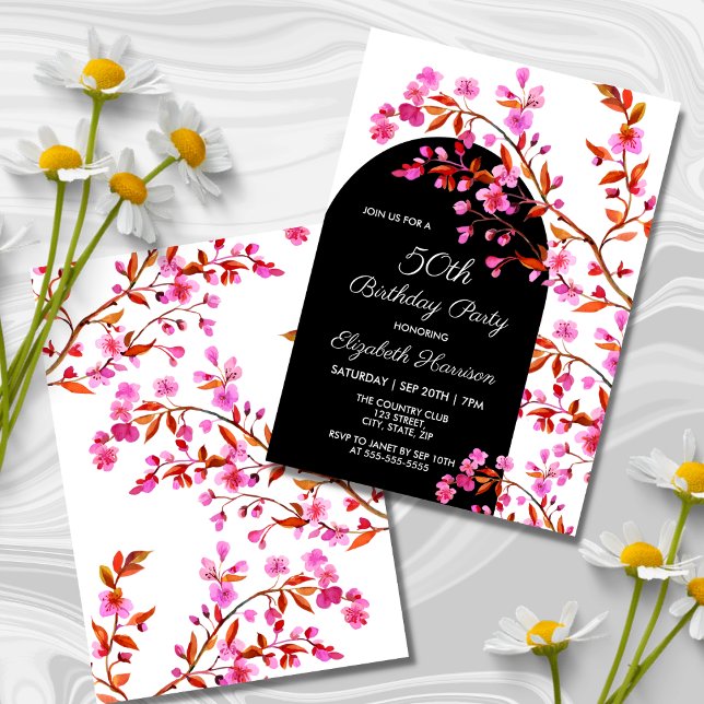 Cherry Blossom Sakura Flower Black White Birthday  Invitation (Creator Uploaded)