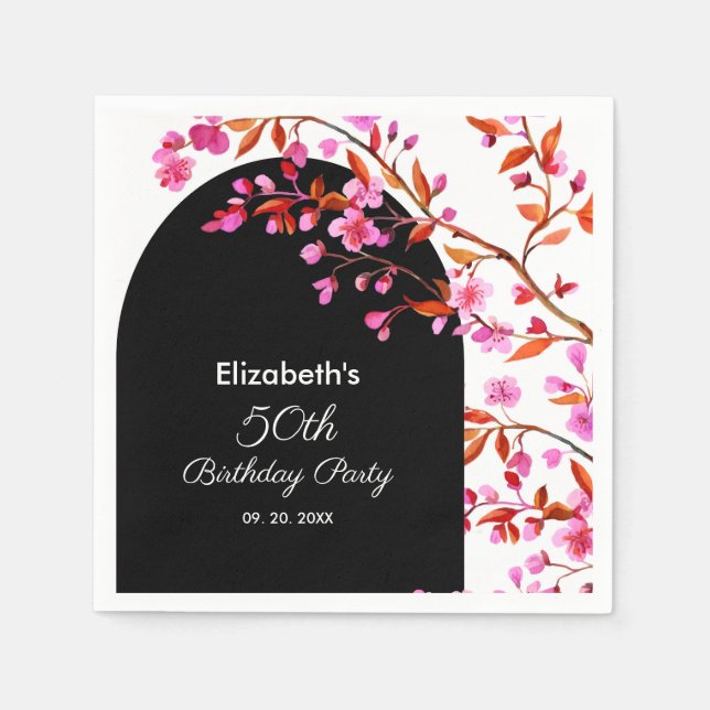Cherry Blossom Sakura Flower Black White Birthday  Napkin (Front)