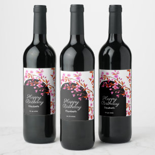Cherry Blossom Sakura Flower Black White Birthday  Wine Label
