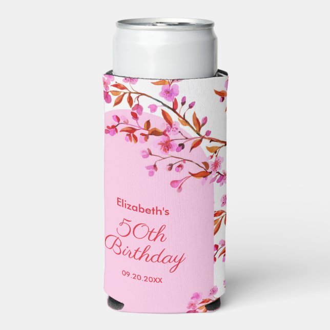 Cherry Blossom Sakura Flower Pink White Birthday Seltzer Can Cooler (Seltzer Front)