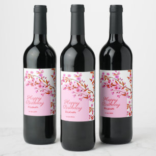 Cherry Blossom Sakura Flower Pink White Birthday Wine Label