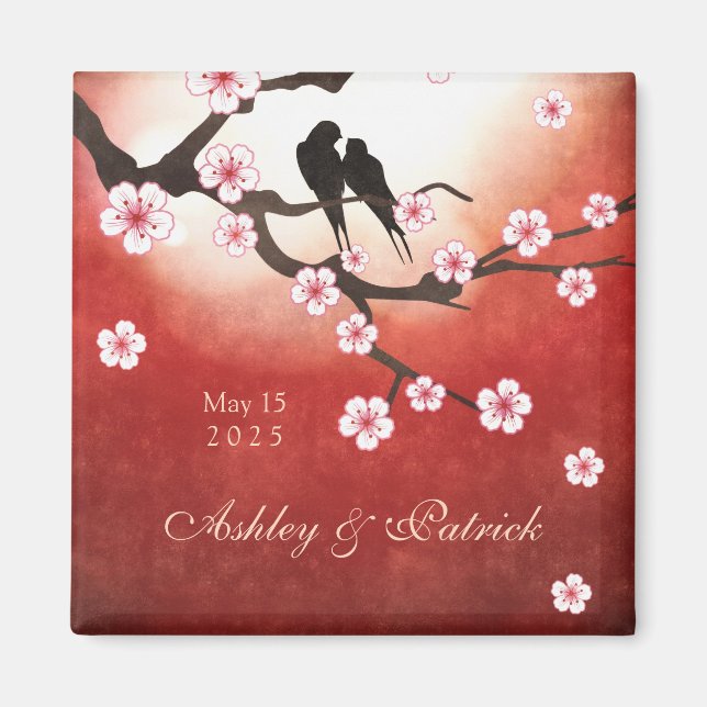 Cherry Blossom Sakura & Love Birds Wedding Magnet (Front)