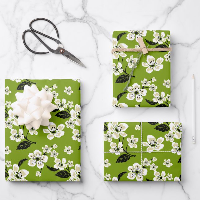 CHERRY BLOSSOM - SAKURA (MATCHA GREEN) WRAPPING PAPER SHEET (Front)