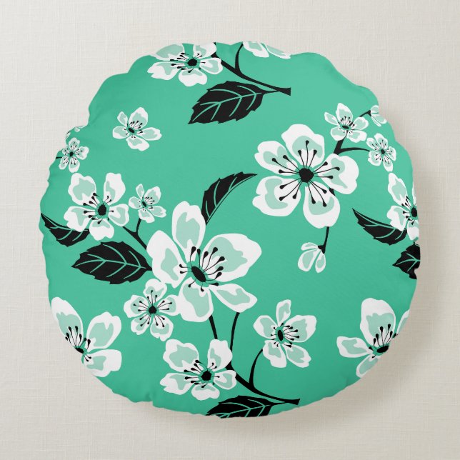 CHERRY BLOSSOM - SAKURA PATTERN IN MINT ROUND CUSHION (Front)