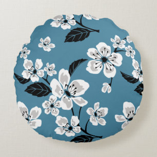 CHERRY BLOSSOM - SAKURA PATTERN IN SMOKY BLUE ROUND CUSHION