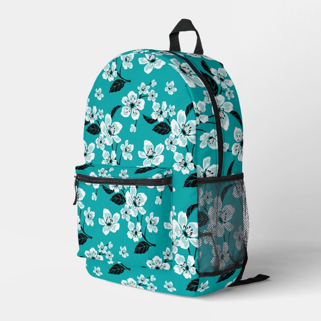 CHERRY BLOSSOM - SAKURA PATTERN IN TEAL PRINTED BACKPACK (Back Corner Right)