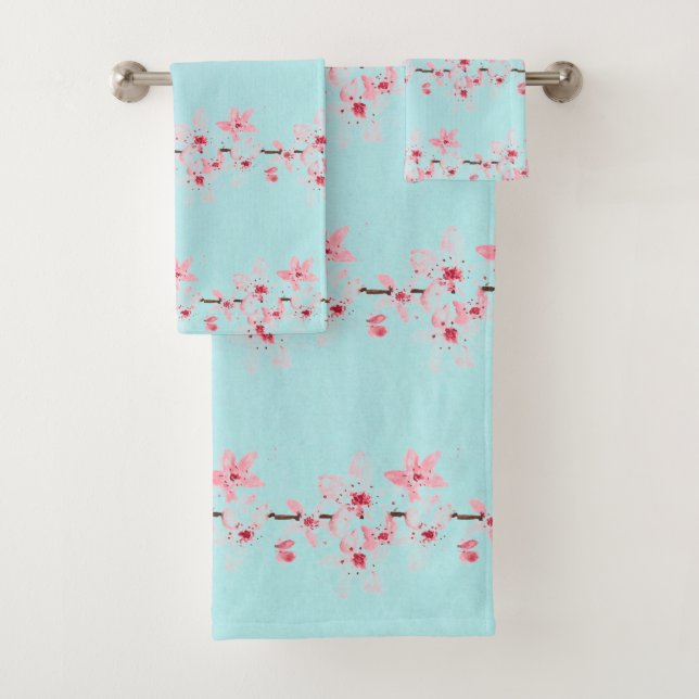 Cherry blossom Sakura Pink Floral Japanese Asia Bath Towel Set (Insitu)