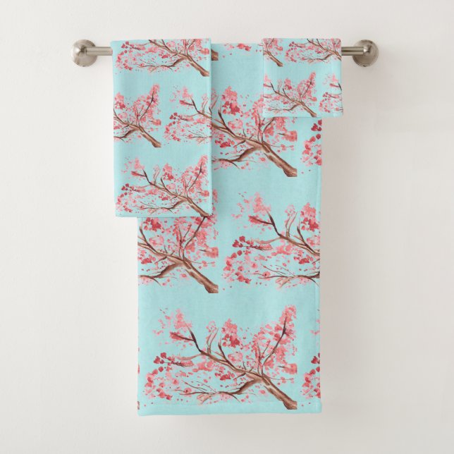 Cherry blossom Sakura Pink Floral Japanese Asia Bath Towel Set (Insitu)