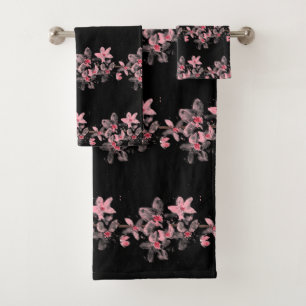 Cherry blossom Sakura Pink Floral Japanese Black Bath Towel Set