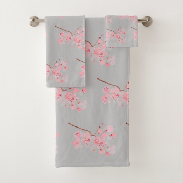 Cherry blossom Sakura Pink Floral Japanese Grey Bath Towel Set (Insitu)