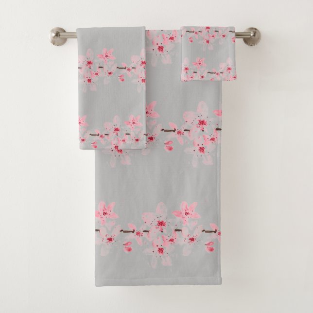 Cherry blossom Sakura Pink Floral Japanese Grey Bath Towel Set (Insitu)