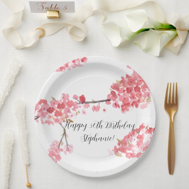 Cherry blossom Sakura Pink Floral Pretty Birthday Paper Plate (Wedding)