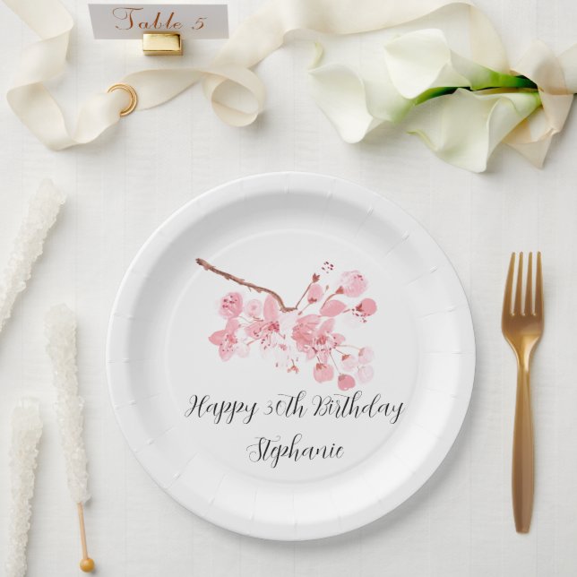 Cherry blossom Sakura Pink Floral Pretty Birthday  Paper Plate (Wedding)