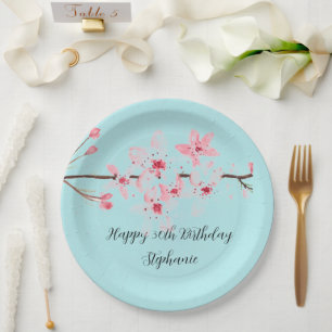Cherry blossom Sakura Pink Turquoise Birthday Pap Paper Plate