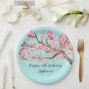 Cherry blossom Sakura Pink Turquoise Birthday Paper Plate