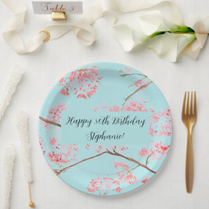 Cherry blossom Sakura Pink Turquoise Birthday Paper Plate