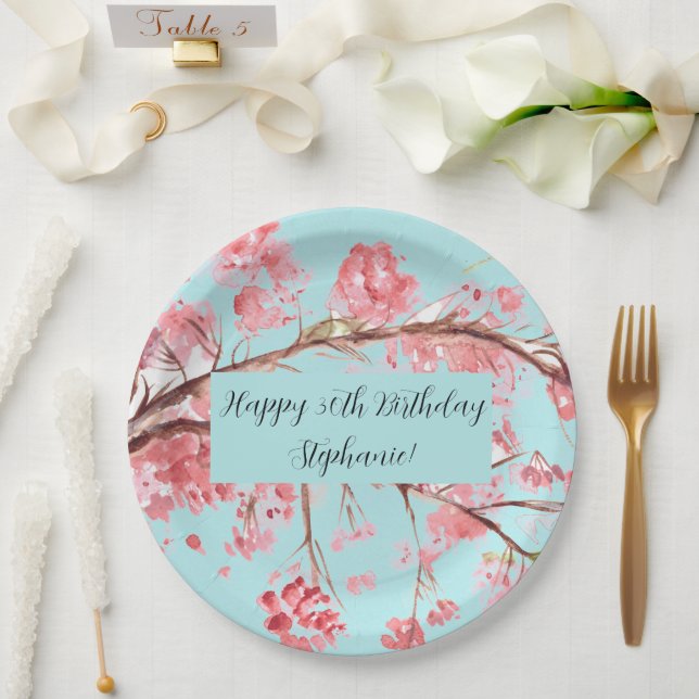 Cherry blossom Sakura Pink Turquoise Birthday  Paper Plate (Wedding)