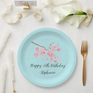 Cherry blossom Sakura Pink Turquoise Birthday  Paper Plate