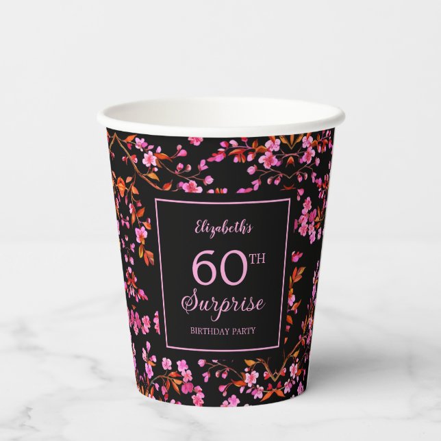 Cherry Blossom Sakura Surprise Black Birthday  Paper Cups (Back)