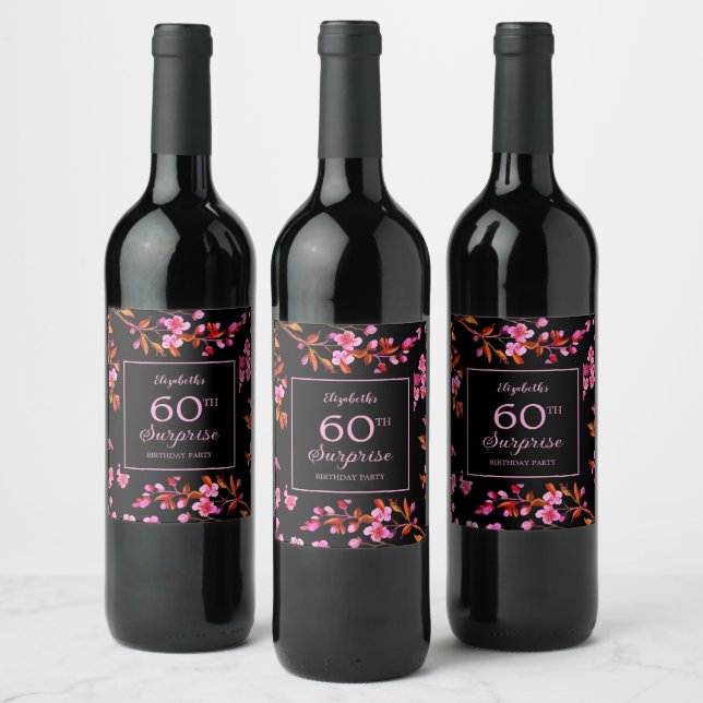 Cherry Blossom Sakura Surprise Black Birthday  Wine Label (Bottles)