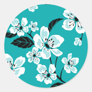 CHERRY BLOSSOM - SAKURA (TEAL) CLASSIC ROUND STICKER