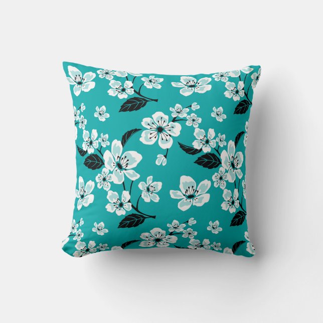 CHERRY BLOSSOM - SAKURA (TEAL) CUSHION (Front)