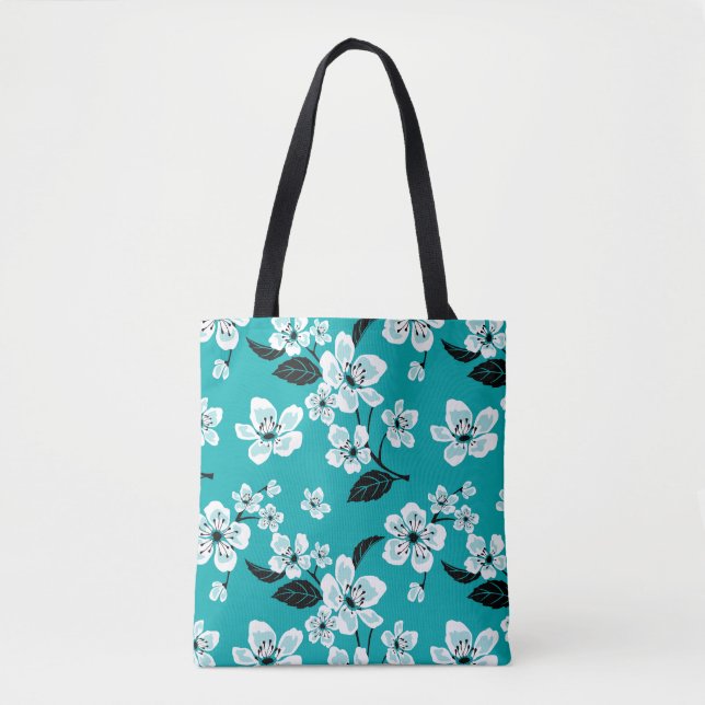 CHERRY BLOSSOM - SAKURA (TEAL) TOTE BAG (Front)