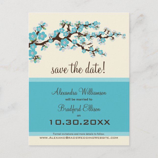 Cherry Blossom Save the Date Postcard (aqua) (Front)