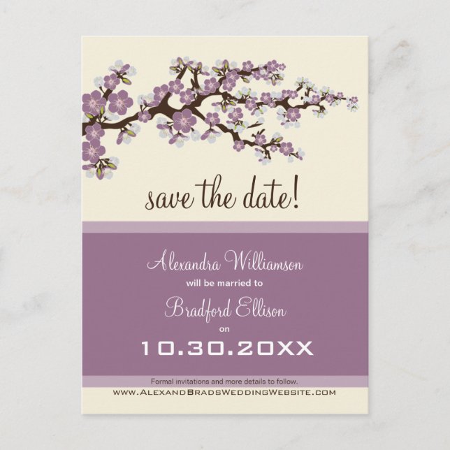 Cherry Blossom Save the Date Postcard (lilac) (Front)