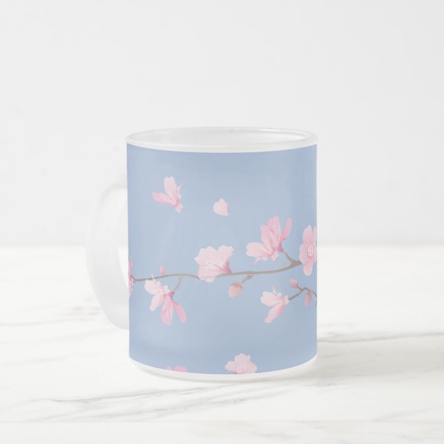 Cherry Blossom - Serenity Blue Frosted Glass Coffee Mug (Front Left)