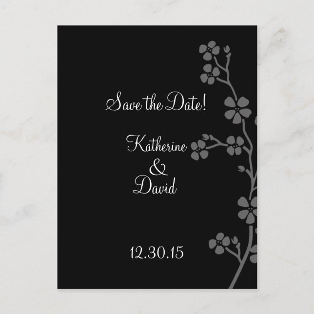 Cherry Blossom Silver/Black Save the Date Postcard (Front)