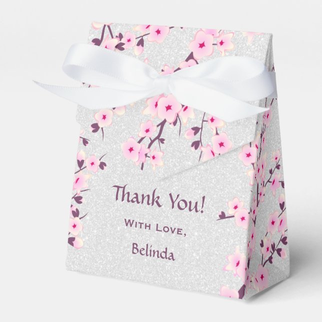 Cherry Blossom Silver Glitter Thank You Favour Box (Front Side)