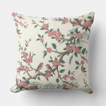 Cherry Blossom & Songbirds Throw Pillow