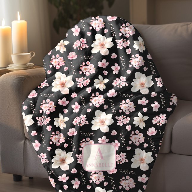 Cherry Blossom Spring Monogram Black Pink Fleece Blanket (Cherry Blossom Spring Monogram Black Pink Fleece Blanket)