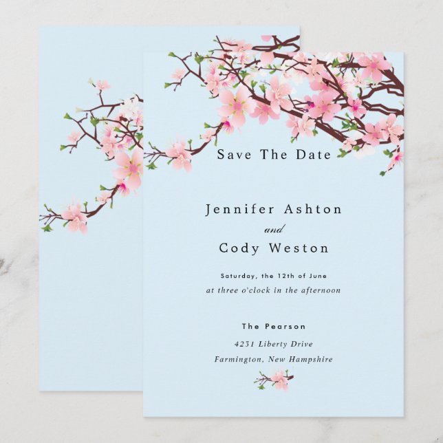 Cherry Blossom Spring Wedding Save The Date Blue (Front/Back)