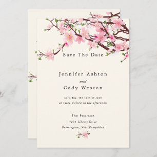 Cherry Blossom Spring Wedding Save The Date Cream
