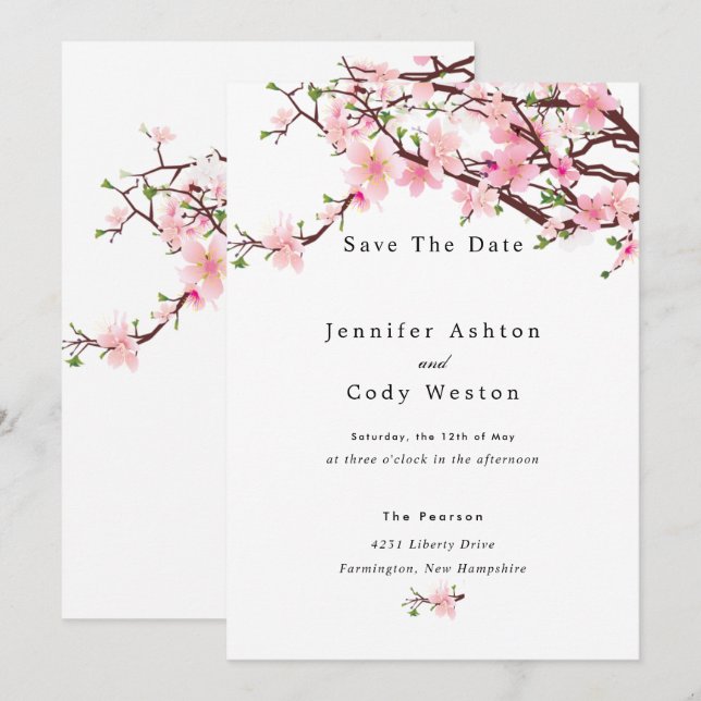 Cherry Blossom Spring Wedding Save The Date White (Front/Back)