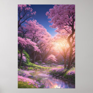 Cherry Blossom Stream with Sunset Glow Poster