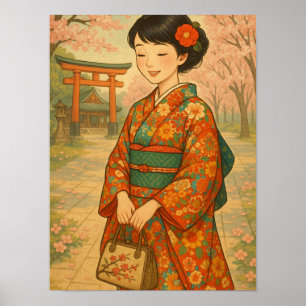 Cherry Blossom Stroll - Japanese Girl in Kimono Poster