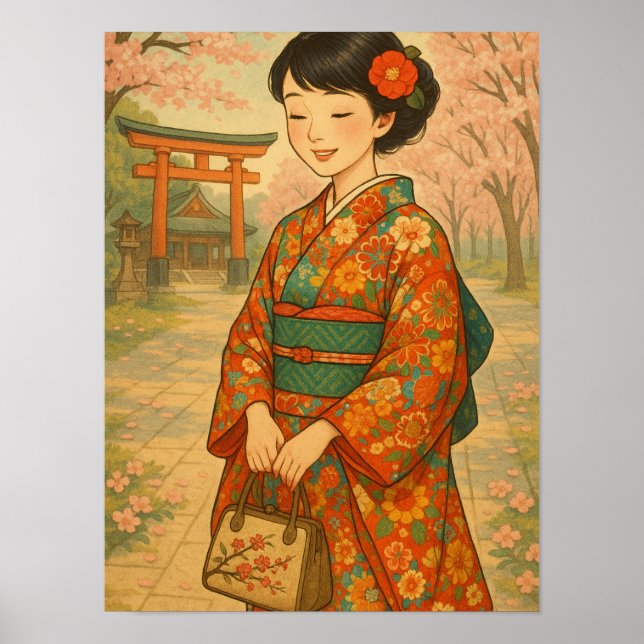 Cherry Blossom Stroll - Japanese Girl in Kimono Poster (Front)
