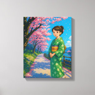 Cherry Blossom Stroll – Kimono Girl Canvas Print