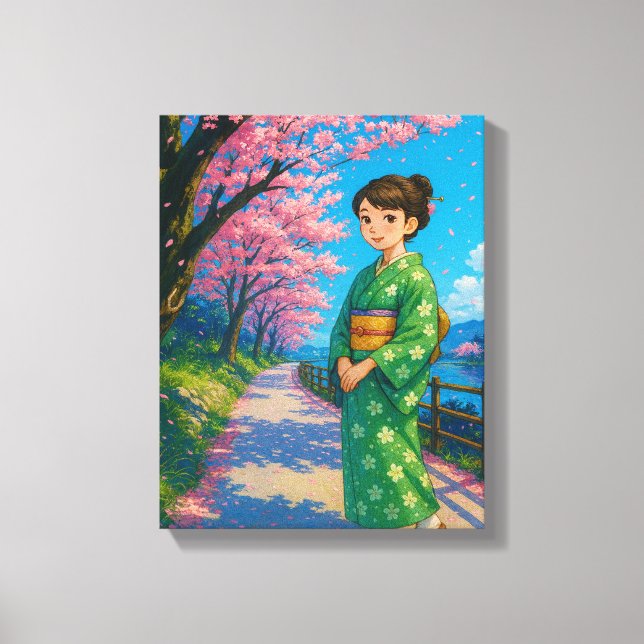 Cherry Blossom Stroll – Kimono Girl  Canvas Print (Front)