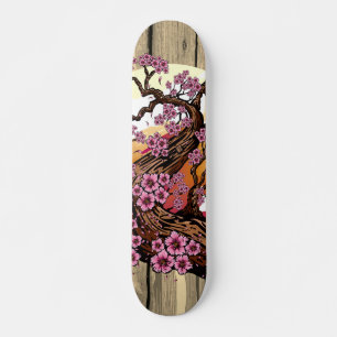 Cherry Blossom Sunset Japanese Aesthetic on Wood Skateboard