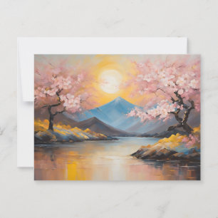 Cherry Blossom, Sunset Over Mountains Landscape Postcard