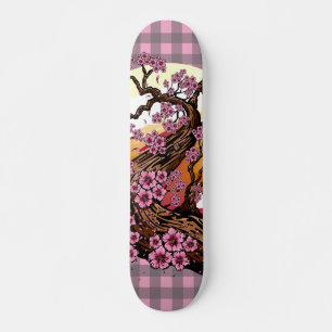 Cherry Blossom Sunset Plaid Aesthetic Japanese Skateboard
