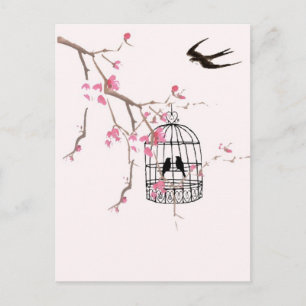Cherry blossom, swallow - wedding, invite, unique postcard