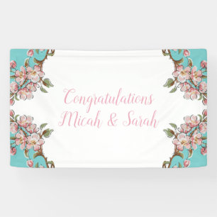 Cherry Blossom Teal Retro Vintage Baby Shower Banner